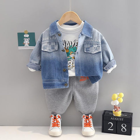 Lapel Denim Long Sleeve Three Piece Baby Boys' Casual Pants Set